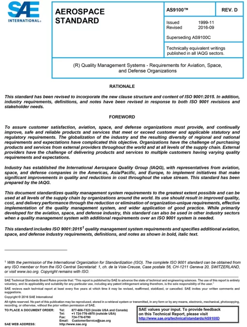 SAE AS9100D Standard PDF